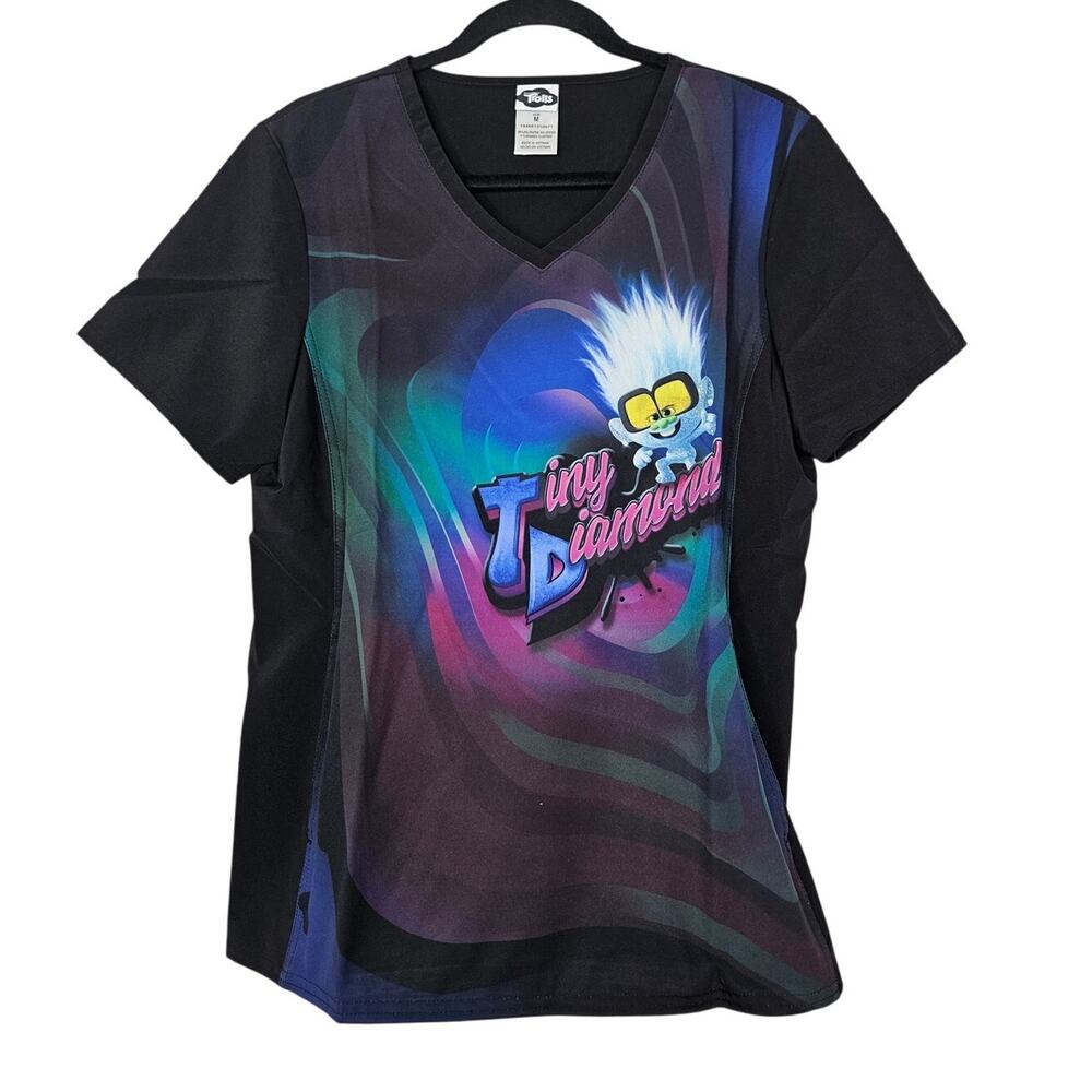 NEW Tooniforms M Trolls Scrub Top Tiny Diamond Black Short Sleeve Medical